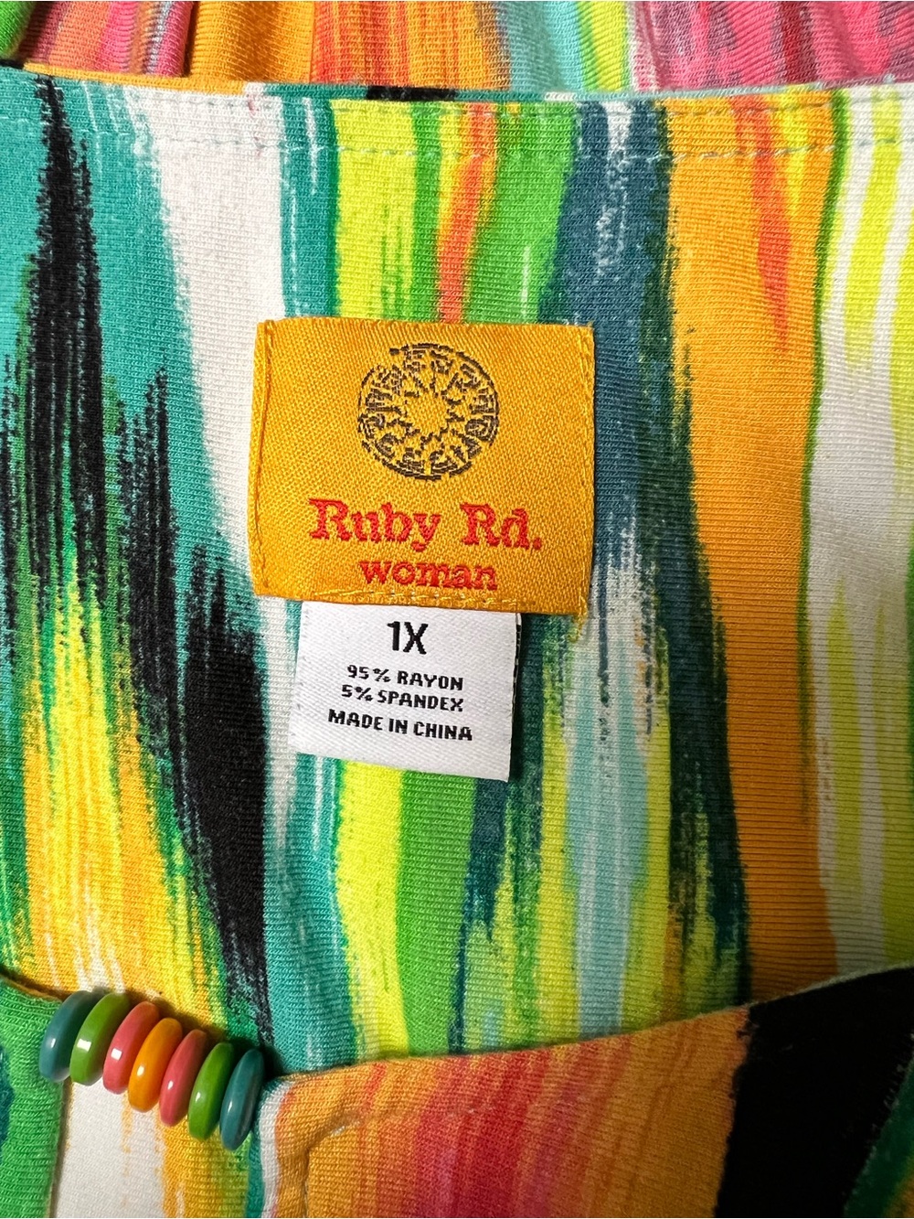 Ruby Rd. Multicolor Striped Ikat-Print Tunic — Green, Yellow, Pink, Black - Picture 3 of 3